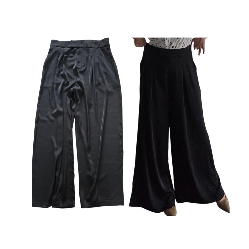 Rumored Wide Leg Palazzo Pants L Black Flowy High Waist Minimalist Satin Stretch